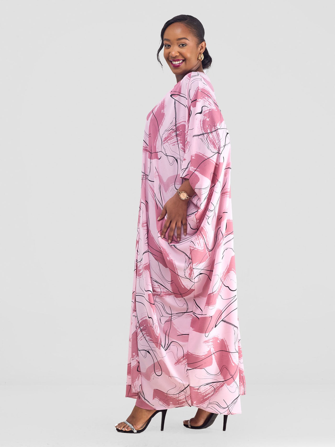 Vivo Muna Chiffon Kimono - Pink / Black Print