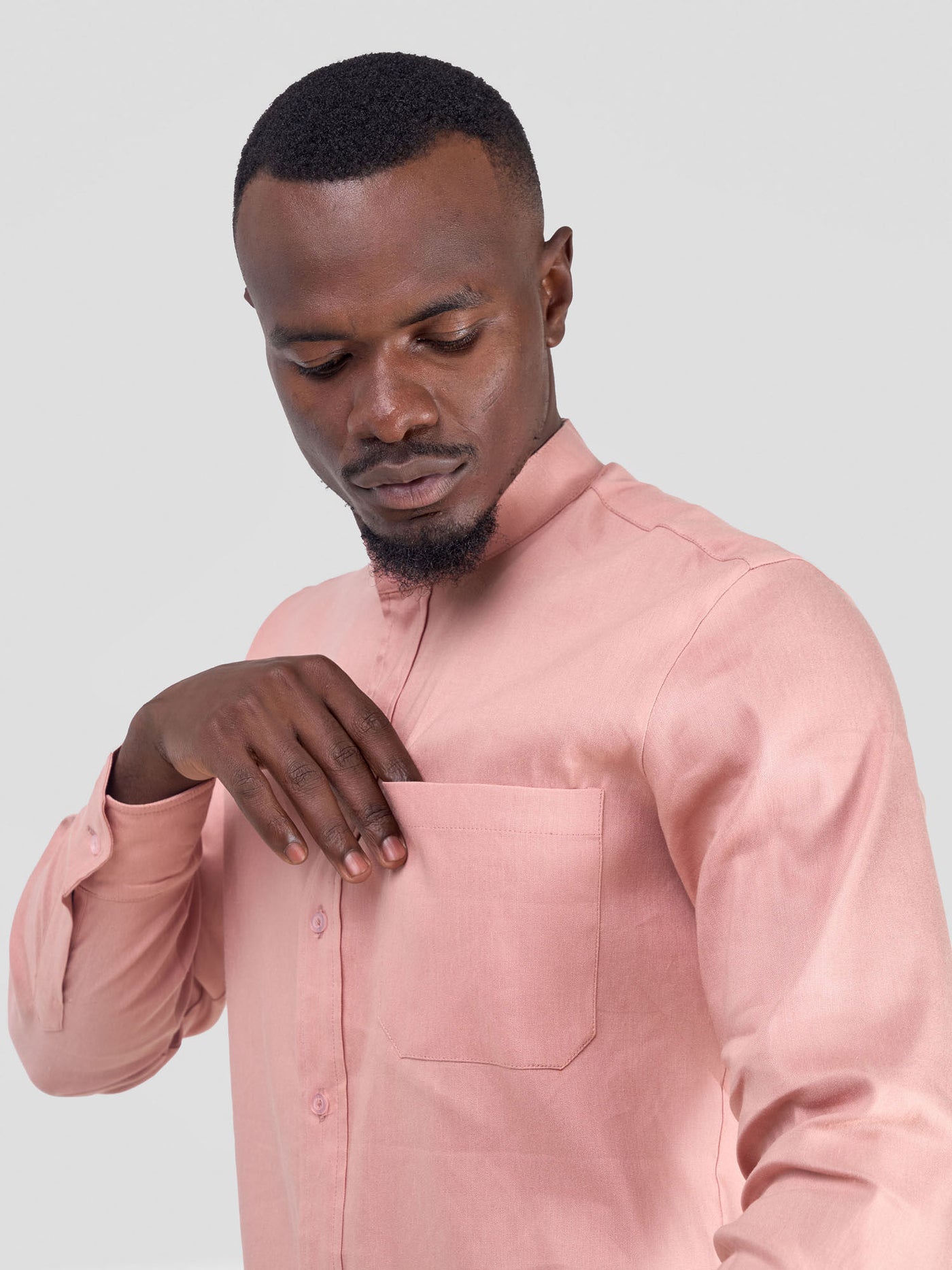 Men's Chinese Collar Long Sleeve Shirt - Coral