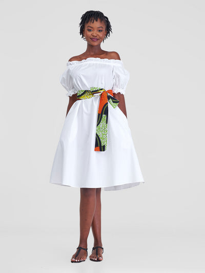 Safari Mali Off - Shoulder Ruffle Knee Length Dress - White
