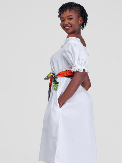 Safari Mali Off - Shoulder Ruffle Knee Length Dress - White
