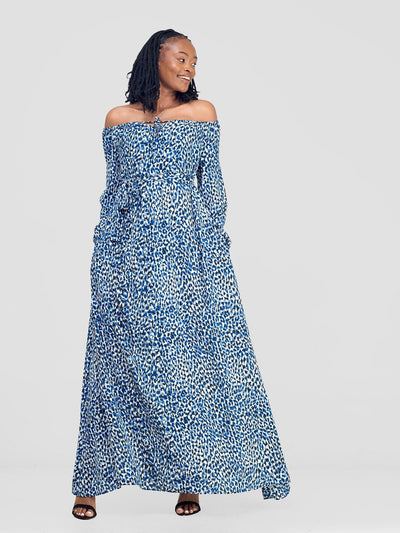 Vivo Zahari Off - Shoulder Maxi Dress - Blue / Grey Print - Shopzetu