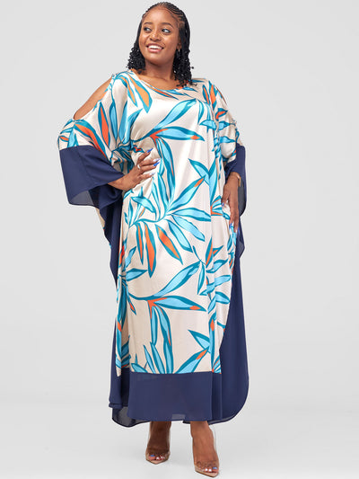 Vivo Kelemi Maxi Kaftan Dress - Taupe / Blue Lemi Print + Navy