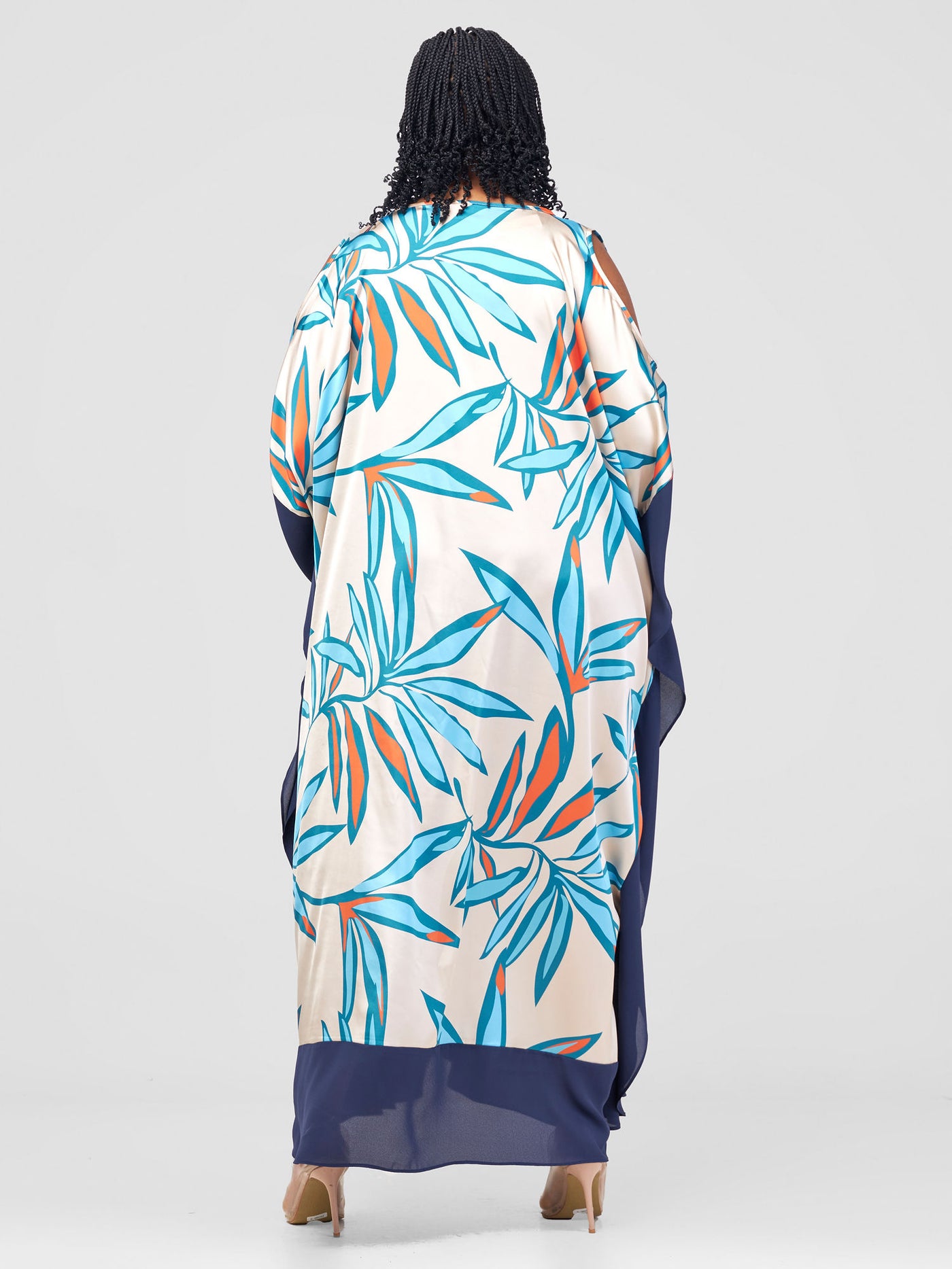 Vivo Kelemi Maxi Kaftan Dress - Taupe / Blue Lemi Print + Navy