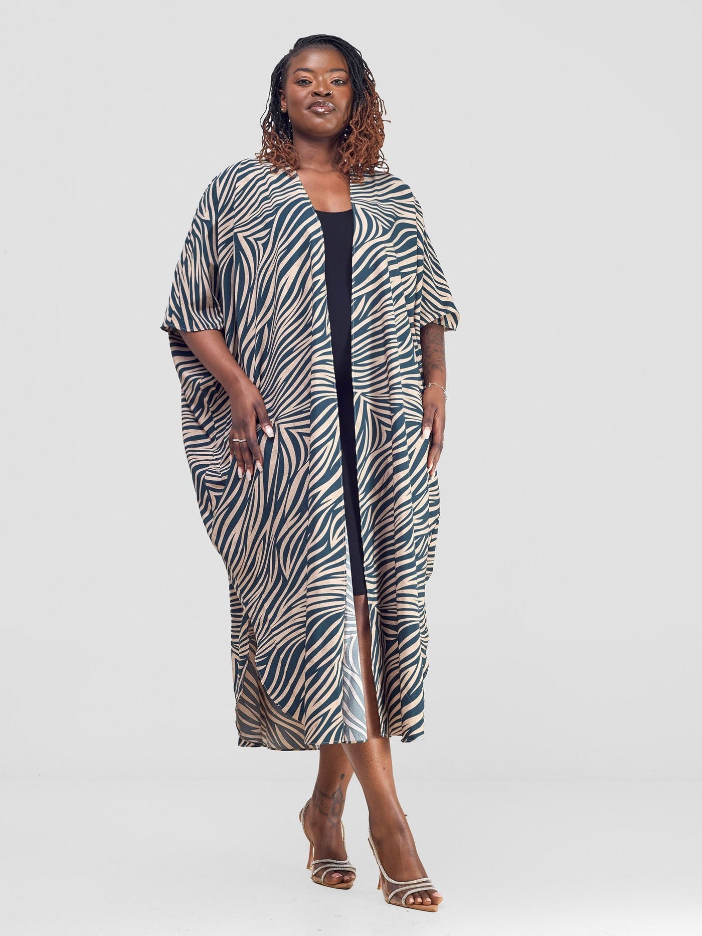 Vivo Basic Open Kaftan - Taupe / Green Print - Shopzetu