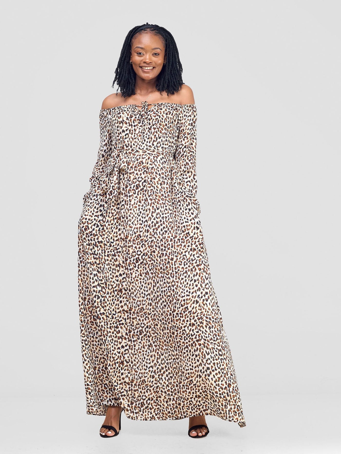 Vivo Zahari Off - Shoulder Maxi Dress - Brown / Beige Print - Shopzetu