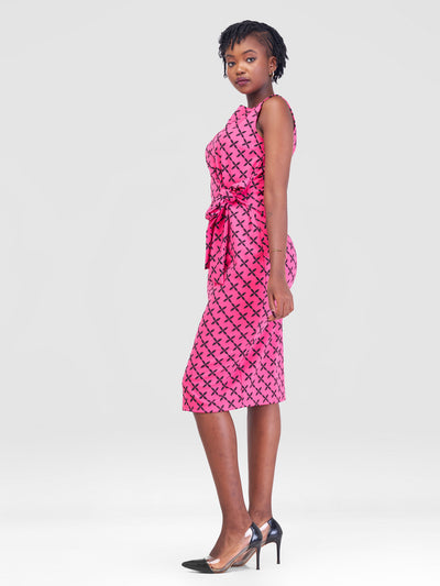 Vivo Imara Sleeveless Front Tie Dress - Pink / Black Chale  Print