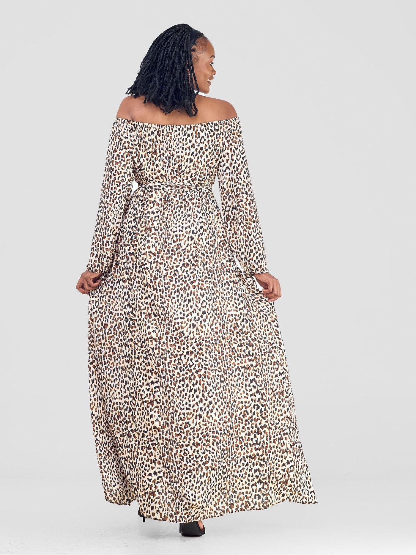 Vivo Zahari Off - Shoulder Maxi Dress - Brown / Beige Print - Shopzetu