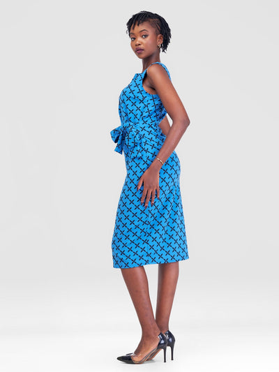 Vivo Imara Sleeveless Front Tie Dress - Blue / Black Chale Print - Shopzetu