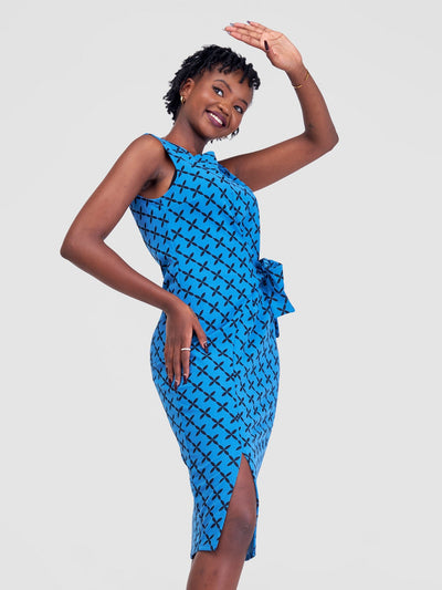 Vivo Imara Sleeveless Front Tie Dress - Blue / Black Chale Print - Shopzetu