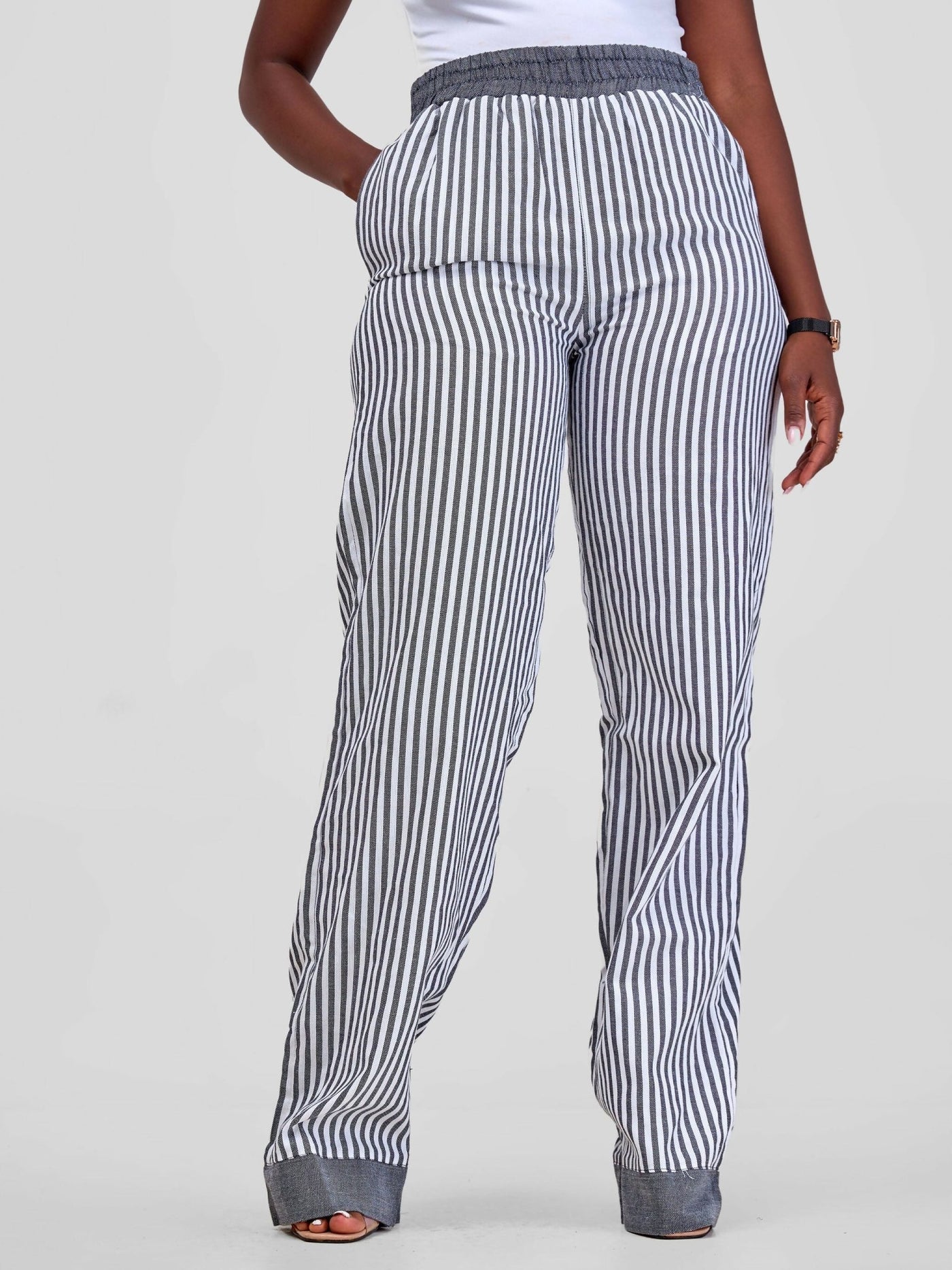 Liquid Lemn Wide Leg Striped (Mistari) Pants With Border - Grey - Shopzetu