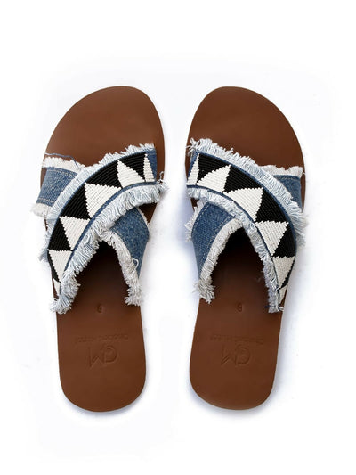 Lamu Denim Beaded Sandals - Brown / White - Shopzetu