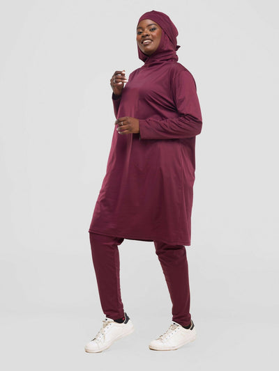 Zaiba Creations Modest Workout Hooded Tunic Top & Leggings - Maroon - Shopzetu