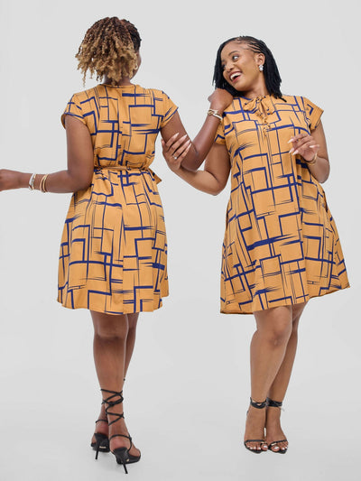 Elma Knee Length Print Dress - Mustard - Shopzetu