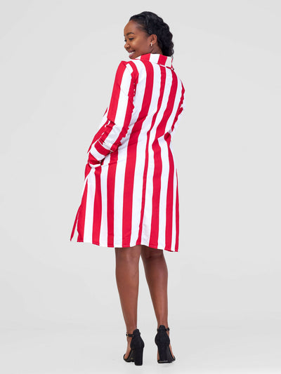 Steady Wear Stripped Shirt Dress - Stripped Red & White - Shopzetu