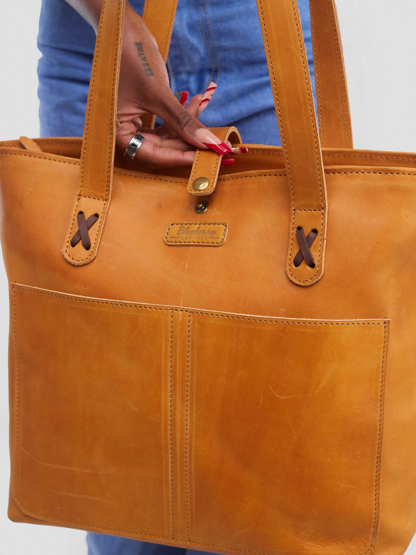 Blueberry Leather Tote Bag - Brown