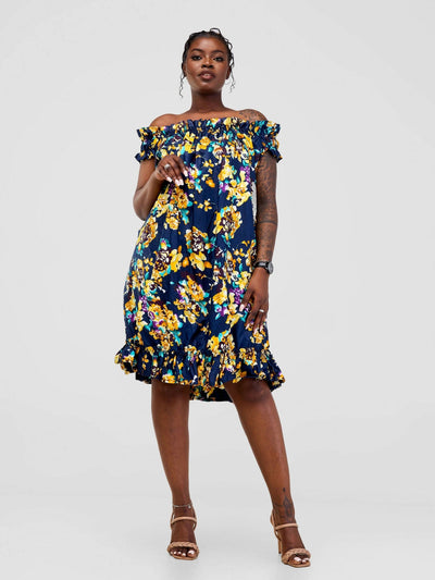 PrettyGline Ankara Balloon Dress - Blue/Yellow - Shopzetu