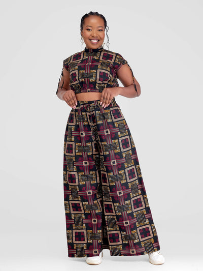 Beqss Tess Wide Leg Pants Set - Red / Navy Blue Print - Shopzetu