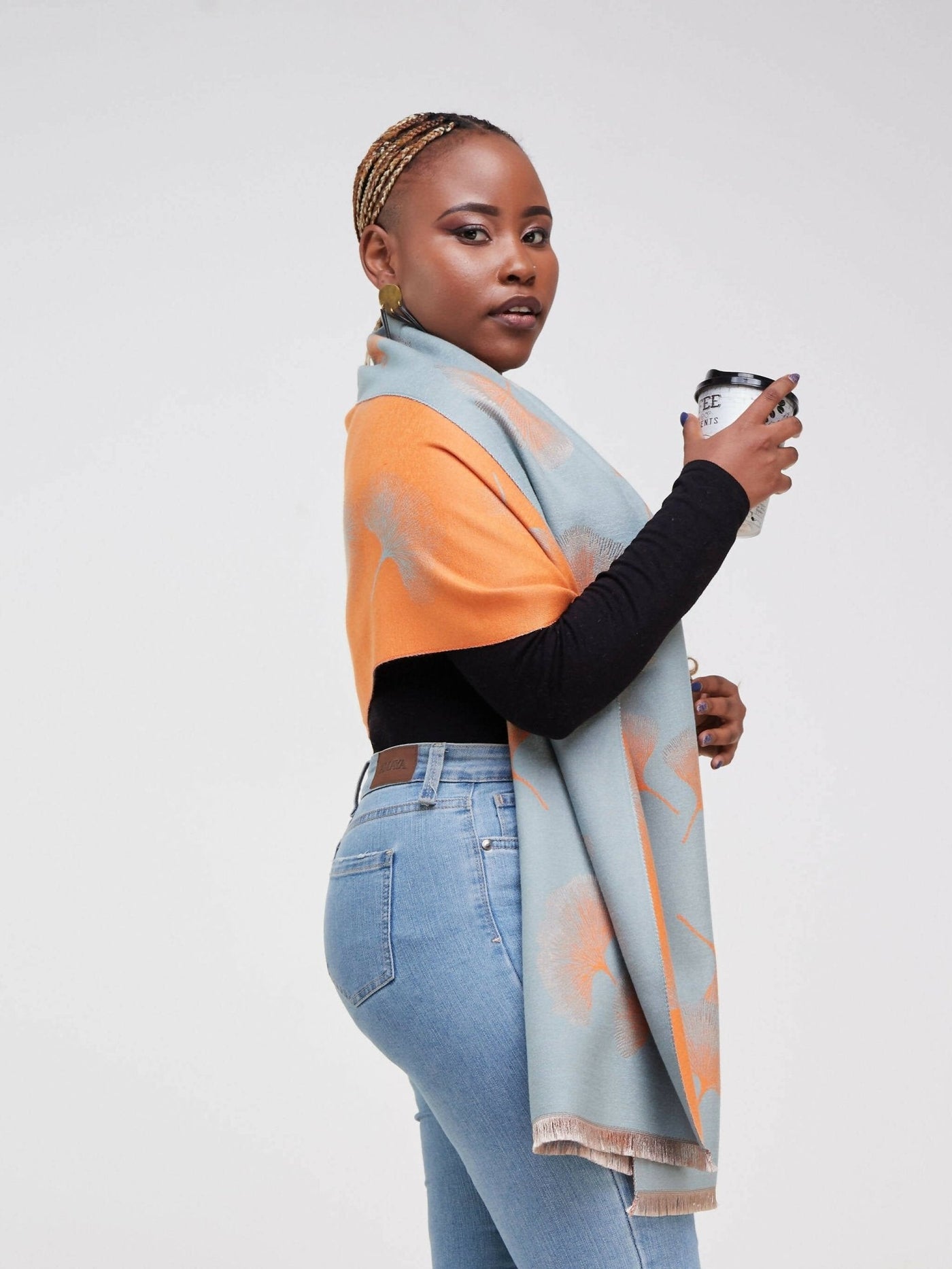 Afrodame Floral Cashmere Scarf - Orange / Teal Print