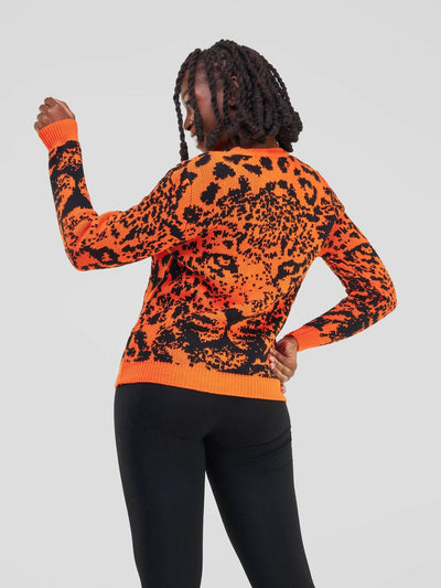 Fancy Warm Lion Image Print Sweater - Orange / Black - Shopzetu