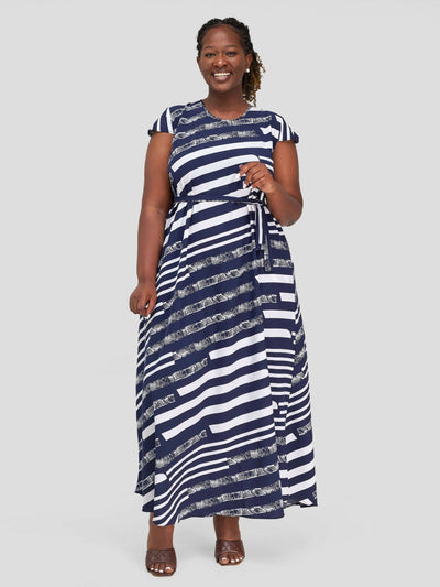 Alara Malindi Maxi Dress - Navy Blue / White Print - Shopzetu