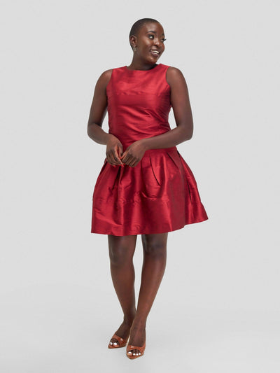 Fauza Design Nyekundu Raw Silk Balloon Dress - Maroon - Shopzetu