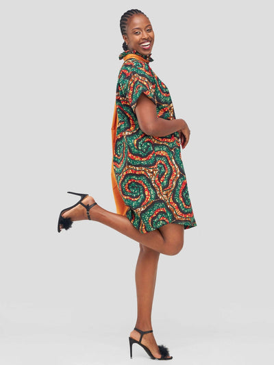 Vazi Afriq Cotton Ankara Shirt Dress - Green / Brown - Shopzetu