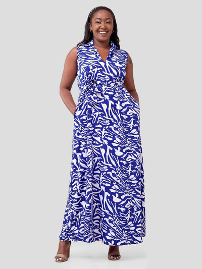 Vivo Zuri Sleeveless Tent Maxi Dress - Blue / White Abstract Print - Shopzetu