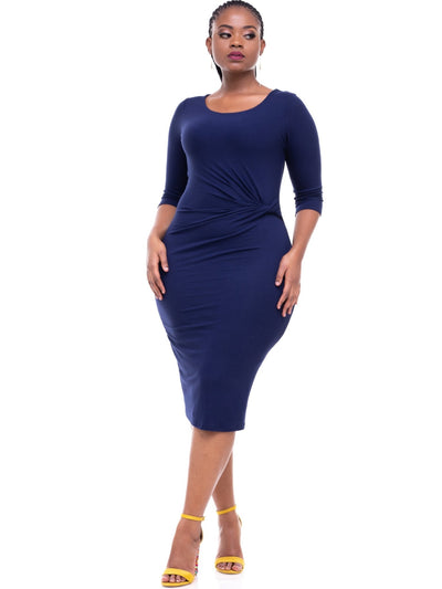 Vivo Basic Side Twist Knee Length Dress - Navy Blue - Shopzetu