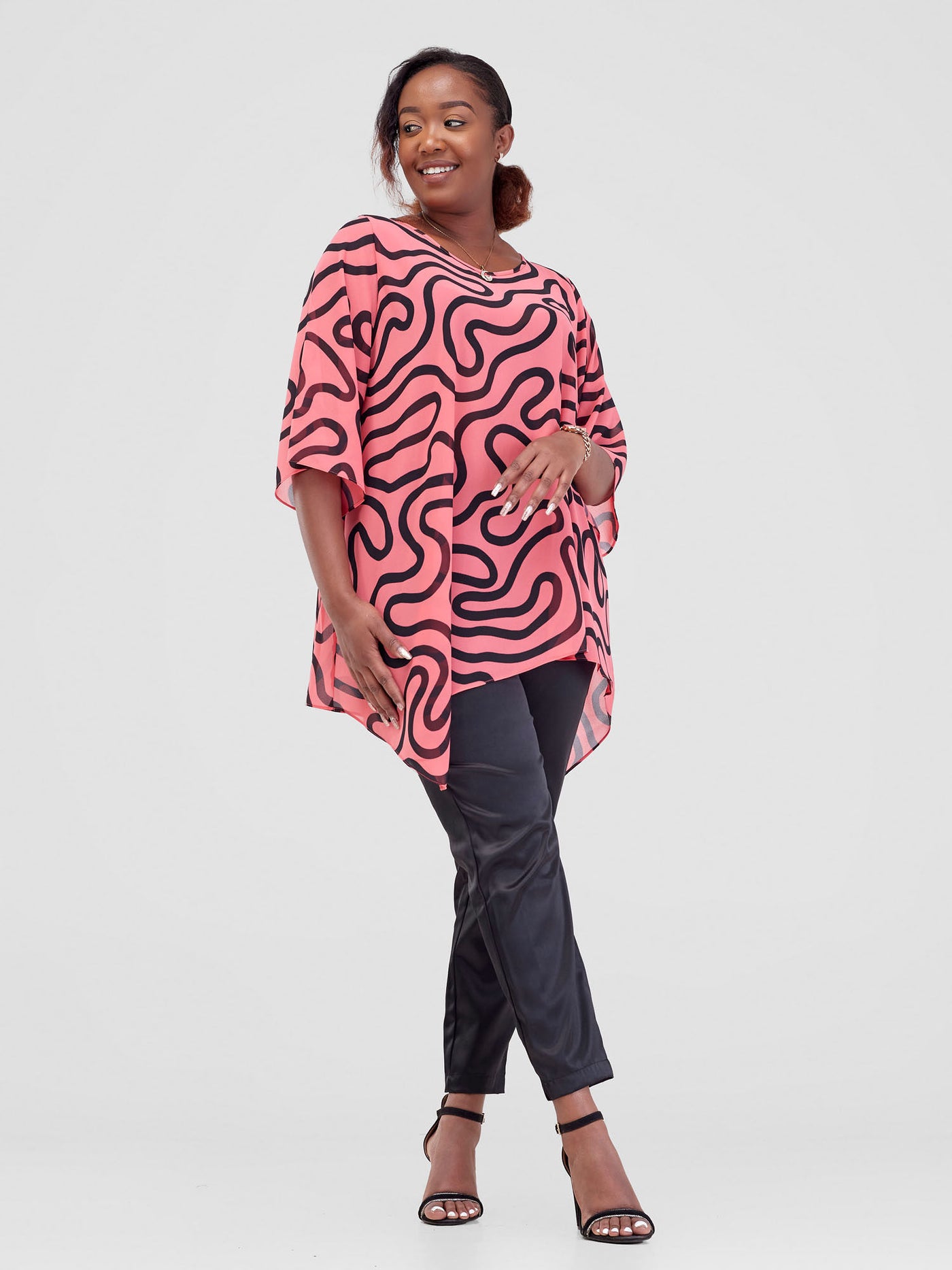 Vivo Sana Asymmetrical Angel Sleeve Top - Pink / Black Kari Print