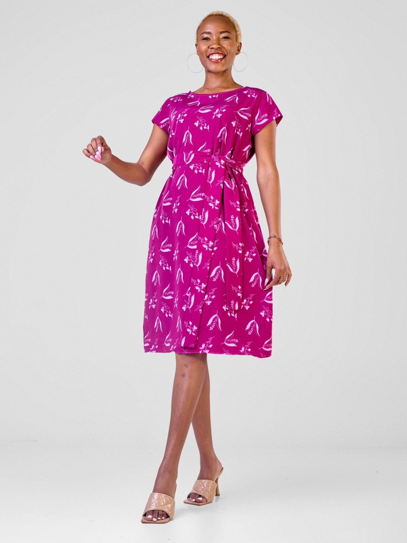 Vivo Muna Cap Sleeved Knee Length Dress - Purple Print - Shopzetu