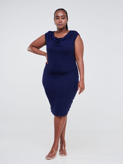 Vivo Fahari Cowl Drape Bodycon - Navy Blue - Shopzetu