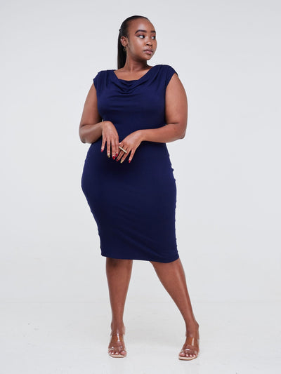 Vivo Fahari Cowl Drape Bodycon - Navy Blue - Shopzetu