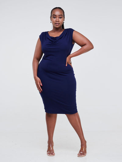 Vivo Fahari Cowl Drape Bodycon - Navy Blue - Shopzetu