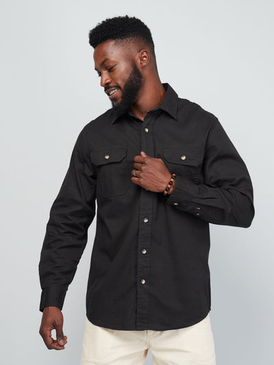 Alladin Zecchino Men's Long Sleeve Shirt (Double pocket) - Black - Shopzetu