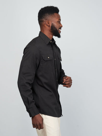Alladin Zecchino Men's Long Sleeve Shirt (Double pocket) - Black - Shopzetu