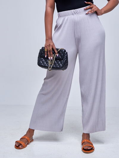Anika Full length Ribbed Pants with Elastic Waist - Light Grey