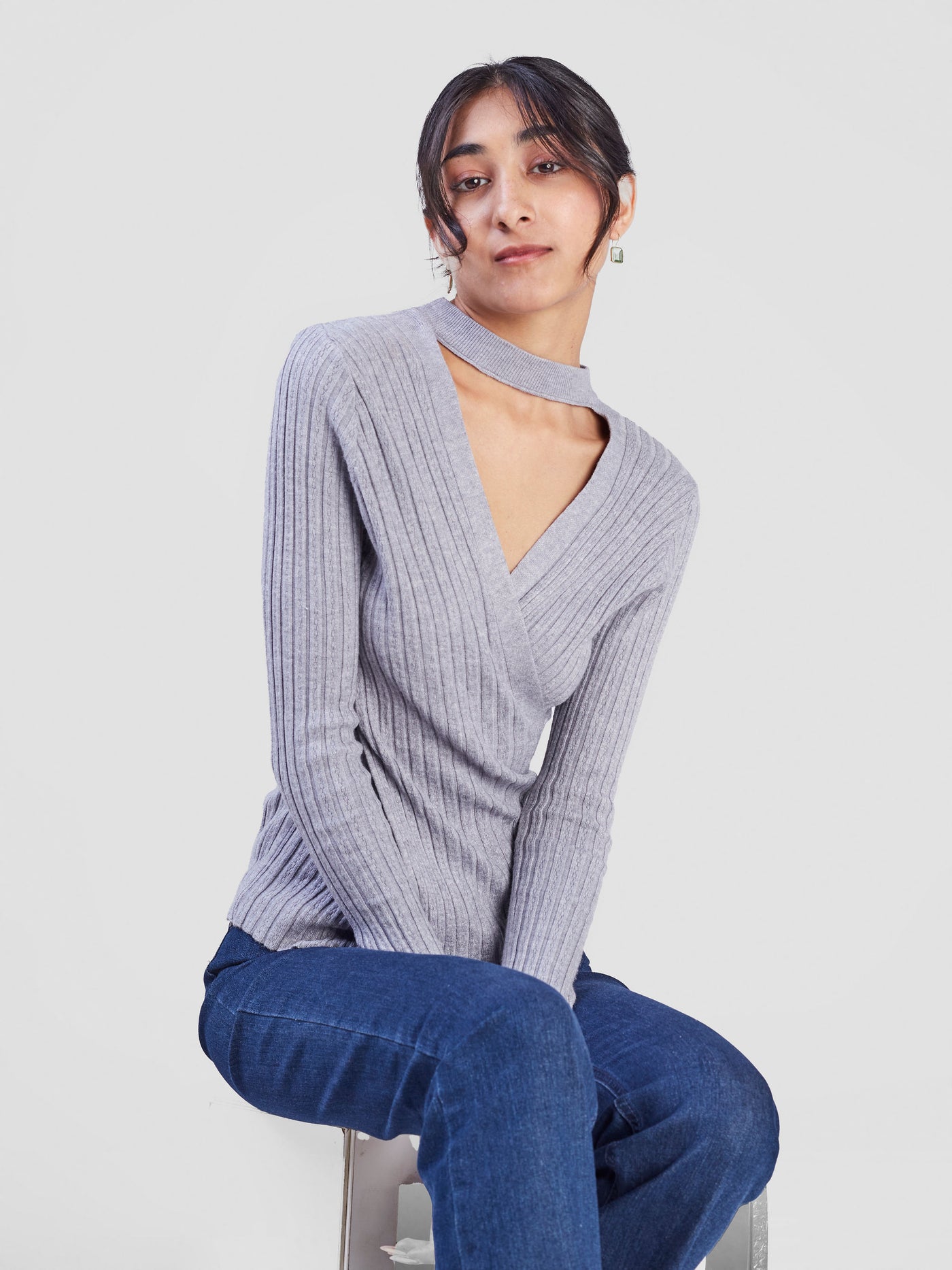 Anika Knitted Sweater With Front Overlap and Neck Design - Grey