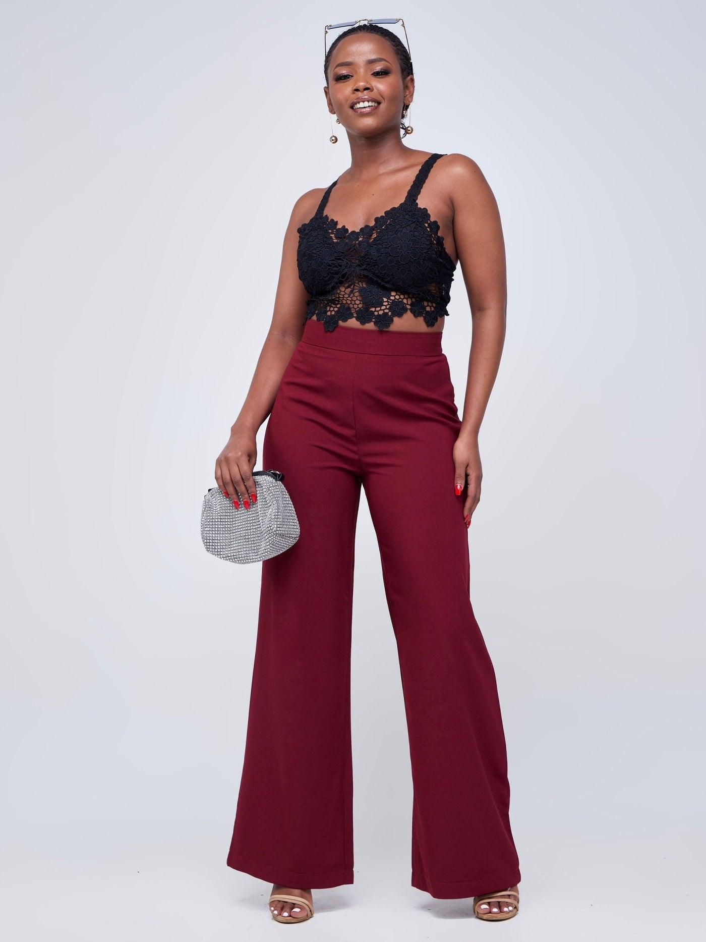 Anika Straight Leg Dress Pants With Zipper At Back - Dark Red - Shopzetu