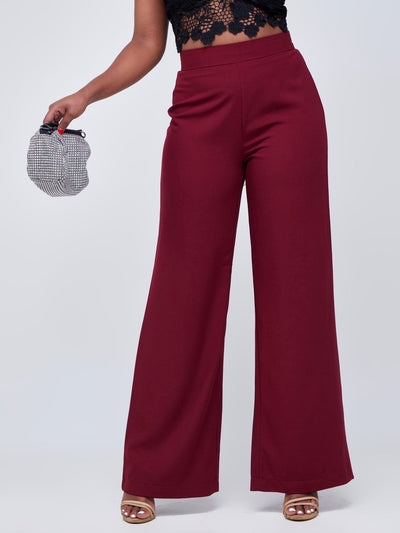 Anika Straight Leg Dress Pants With Zipper At Back - Dark Red - Shopzetu