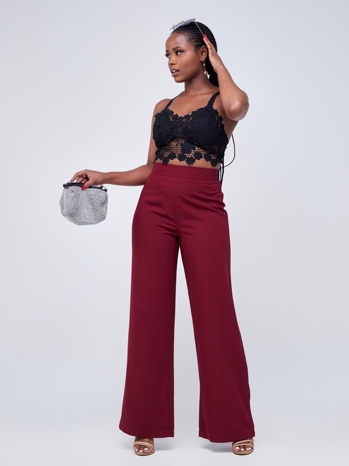 Anika Straight Leg Dress Pants With Zipper At Back - Dark Red - Shopzetu