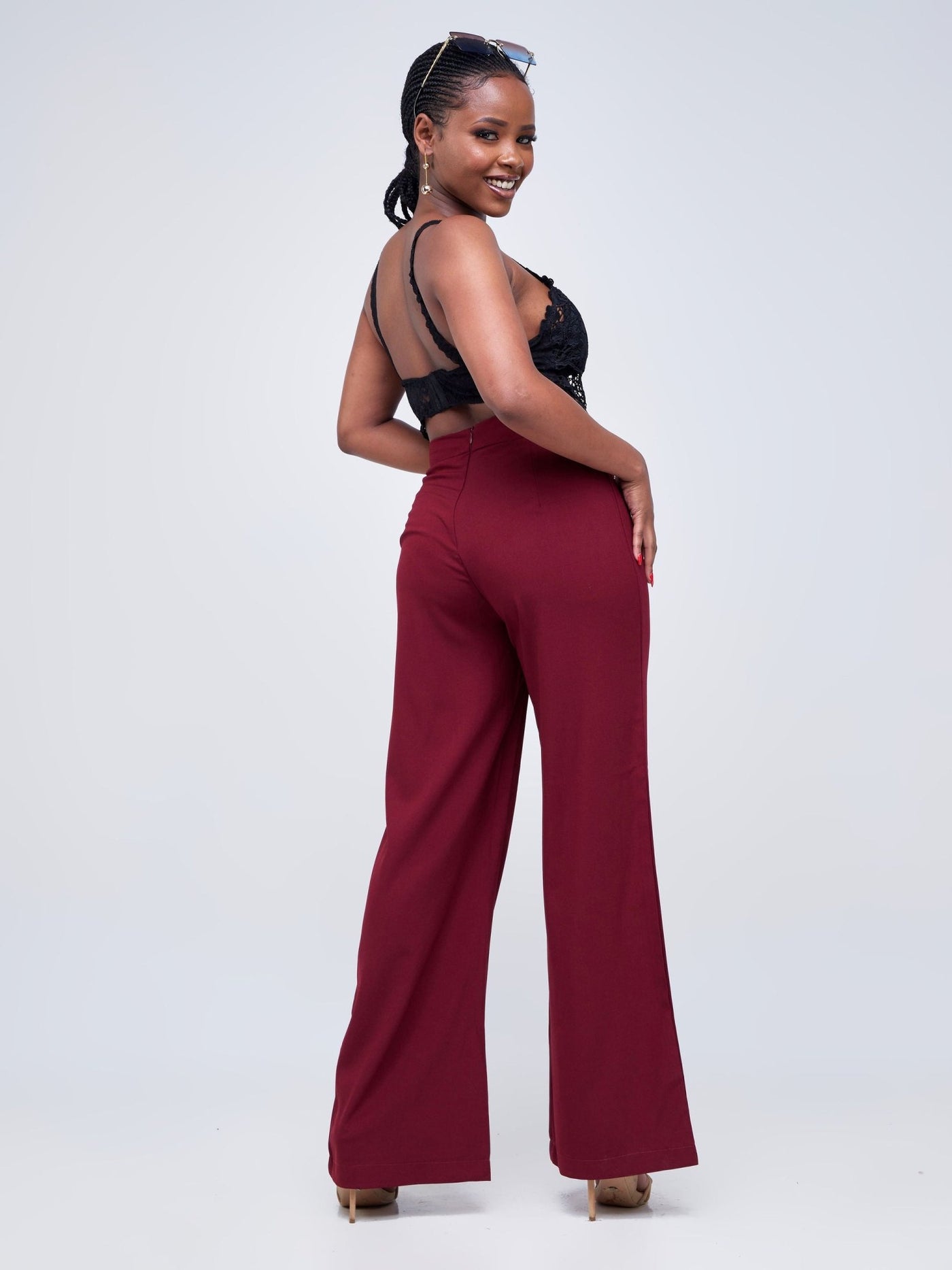 Anika Straight Leg Dress Pants With Zipper At Back - Dark Red - Shopzetu