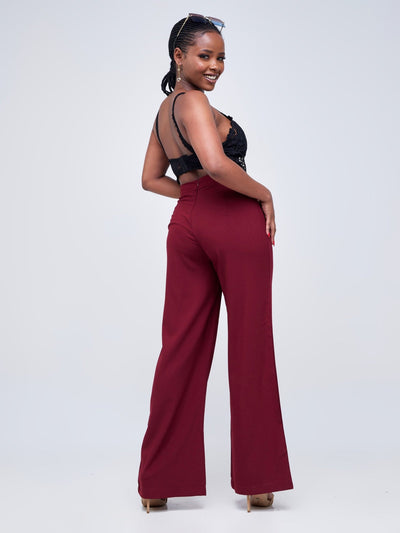 Anika Straight Leg Dress Pants With Zipper At Back - Dark Red - Shopzetu