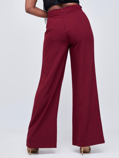 Anika Straight Leg Dress Pants With Zipper At Back - Dark Red - Shopzetu