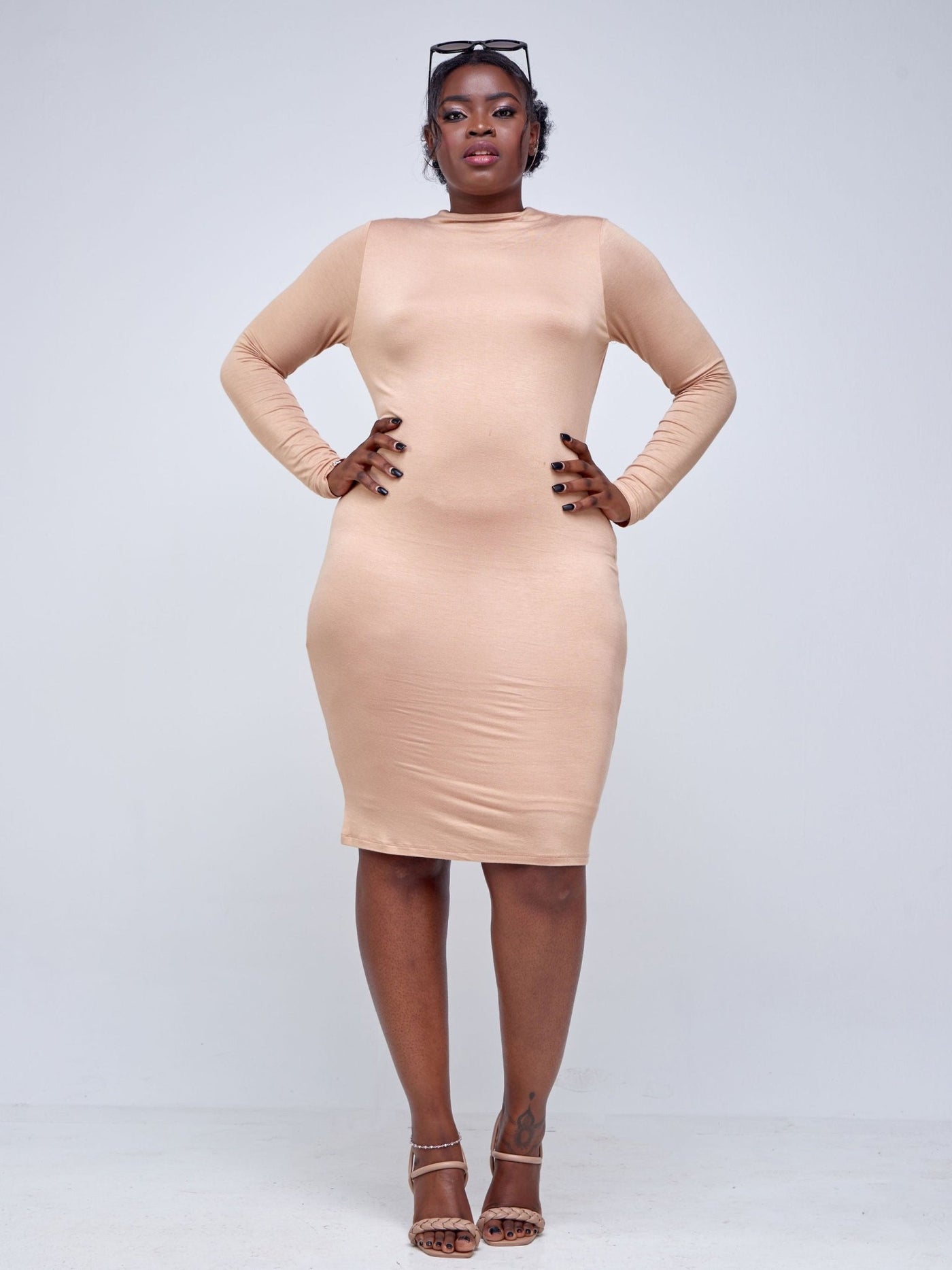 Popular 21 Long Sleeve Crew Neck Dress - Nude - Shopzetu