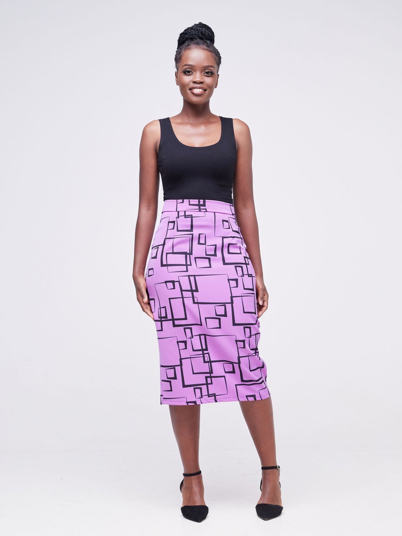 Fahari Pencil Skirt - Light Purple / Black Geometric Print - Shopzetu