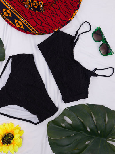 Sayuri Textured A-Line Stitch Bikini Set - Black