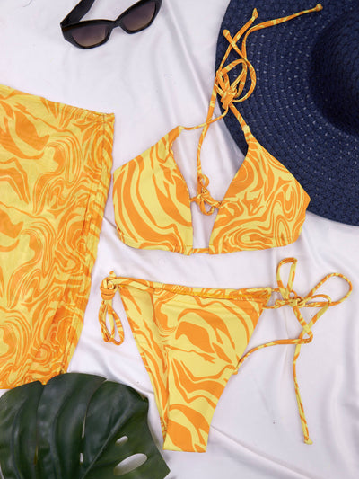 Sayuri Patterned Tie Bikini Set and Mesh Skirt - Yellow