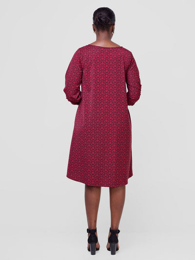 Vivo Nala 3/4 Sleeve Tent Dress - Maroon / Black Duku Print - Shopzetu