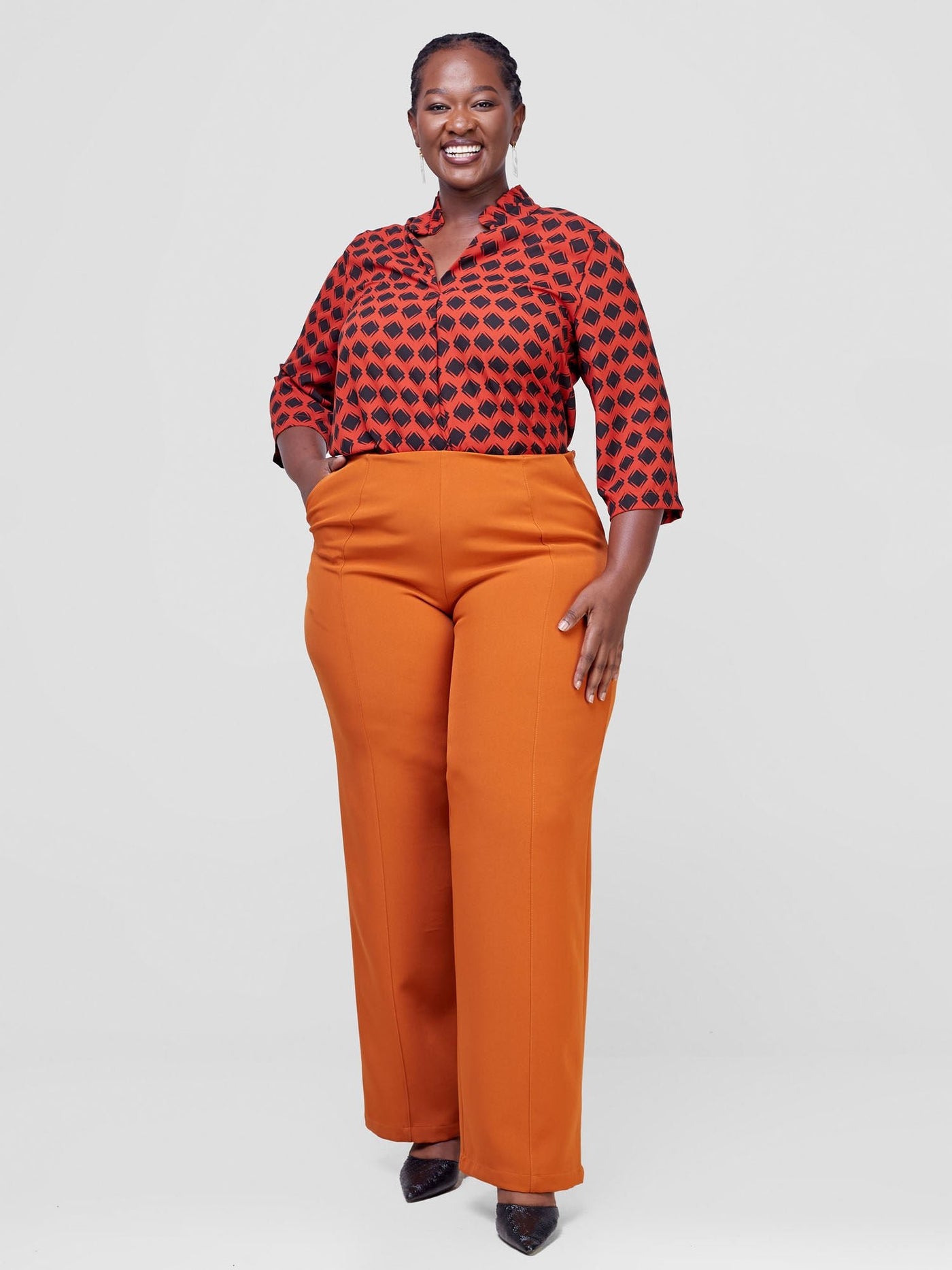 Vivo Saida 3/4 Sleeve Top - Rust/Black Gola Print - Shopzetu