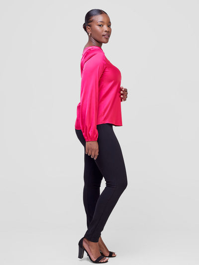 Vivo Sierra Bishop Sleeve Satin Top - Hot Pink